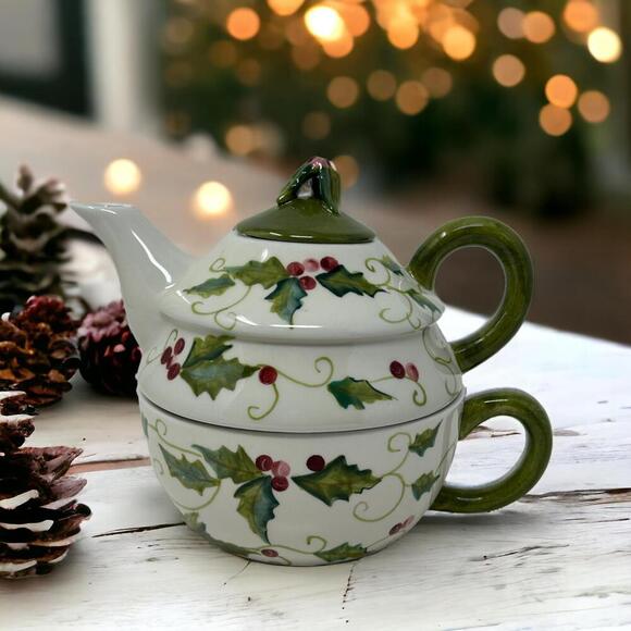 Tracy Porter Hand Painted "Sweet Tidings" Teapot Teacup Set Holly Berries - Picture 1 of 16
